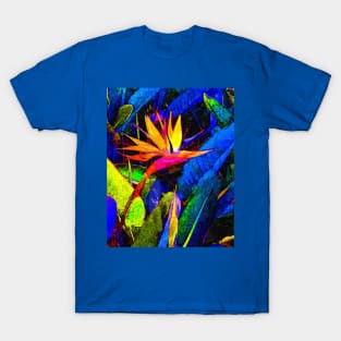 Colorful Bird of Paradise Flower and Leaves Painting T-Shirt